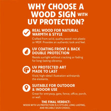 Load image into Gallery viewer, An orange promotional infographic with white text and icons explaining the benefits of UV-protected wood signs, including natural warmth, double UV protection, vivid artwork, and outdoor/indoor suitability.