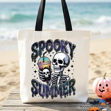 Load image into Gallery viewer, Spooky Summer Skeleton Tote Bag, Snarky Halloween Gift Shopper for Coffee and Horror Fanatics