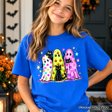 Load image into Gallery viewer, Kids Colorful Ghosts and Black Cats T-Shirt, Neon Halloween Spooky Season Youth Tee