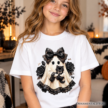 Load image into Gallery viewer, Kids Gothic Ghost with Black Cat T-Shirt, Black Rose Coquette Halloween Youth Tee