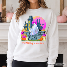Load image into Gallery viewer, Mentally I Am Here Ghost Sweatshirt, Pink Bow Haunted House Halloween Sweater