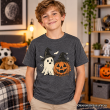 Load image into Gallery viewer, Kids Witch Hat Ghost and Pumpkin T-Shirt, Vintage Halloween Jack O’ Lantern Youth Tee