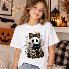 Load image into Gallery viewer, Kids Leopard Bow Ghost with Black Cat T-Shirt, Spooky Halloween Spider Web Youth Tee
