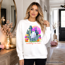 Load image into Gallery viewer, Mentally I Am Here Ghost Sweatshirt, Pink Bow Haunted House Halloween Sweater