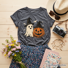Load image into Gallery viewer, Kids Witch Hat Ghost and Pumpkin T-Shirt, Vintage Halloween Jack O’ Lantern Youth Tee