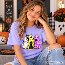 Load image into Gallery viewer, Kids Colorful Ghosts and Black Cats T-Shirt, Neon Halloween Spooky Season Youth Tee