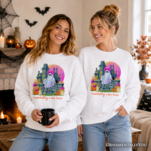 Load image into Gallery viewer, Mentally I Am Here Ghost Sweatshirt, Pink Bow Haunted House Halloween Sweater