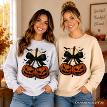 Load image into Gallery viewer, Pumpkin Cherries Coquette Bow Sweatshirt, Retro Halloween Fall Season Sweater for Sweet Autumn Girls