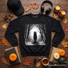 Load image into Gallery viewer, Haunted Forest Black Cat Sweatshirt, Spooky Halloween Night Sweater