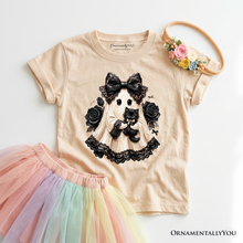 Load image into Gallery viewer, Kids Gothic Ghost with Black Cat T-Shirt, Black Rose Coquette Halloween Youth Tee