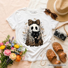Load image into Gallery viewer, Kids Leopard Bow Ghost with Black Cat T-Shirt, Spooky Halloween Spider Web Youth Tee