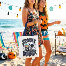 Load image into Gallery viewer, Spooky Summer Skeleton Tote Bag, Snarky Halloween Gift Shopper for Coffee and Horror Fanatics