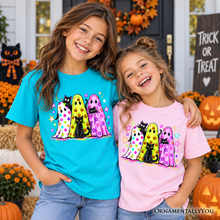 Load image into Gallery viewer, Kids Colorful Ghosts and Black Cats T-Shirt, Neon Halloween Spooky Season Youth Tee