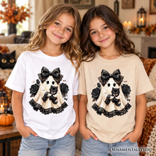 Load image into Gallery viewer, Kids Gothic Ghost with Black Cat T-Shirt, Black Rose Coquette Halloween Youth Tee