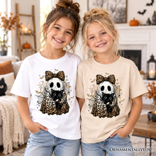 Load image into Gallery viewer, Kids Leopard Bow Ghost with Black Cat T-Shirt, Spooky Halloween Spider Web Youth Tee