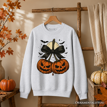 Load image into Gallery viewer, Pumpkin Cherries Coquette Bow Sweatshirt, Retro Halloween Fall Season Sweater for Sweet Autumn Girls