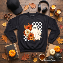 Load image into Gallery viewer, Checkered Floral Ghost Sweatshirt, Vintage Fall Halloween Daisy Sweater