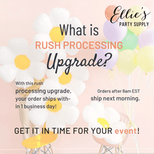 Load image into Gallery viewer, Advertisement for rush processing upgrade with balloons and text on a pink background, featuring 'Ellie's Party Supply' branding.