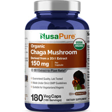 Load image into Gallery viewer, NusaPure Organic Chaga Mushroom 20:1 Extract 150mg, 180 vegan capsules bottle front view