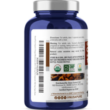 Load image into Gallery viewer, NusaPure Organic Chaga Mushroom capsules bottle label showing directions, warnings and organic certification logos