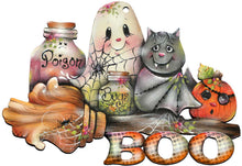 Load image into Gallery viewer, Halloween-themed decorative set with a jar labeled 'Poison', a spider, a bat, and a pumpkin with 'BOO' text.