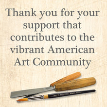 Load image into Gallery viewer, Wooden carving tools on a textured surface with text about the American Art Community.