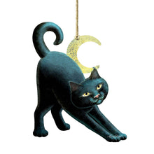 Load image into Gallery viewer, Black cat ornament with a yellow moon on a white background