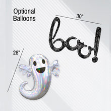 Load image into Gallery viewer, Ghost-shaped balloon with 'boo!' decoration and measurements on a white background