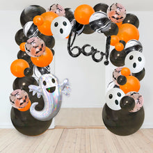 Load image into Gallery viewer, Halloween-themed balloon arch with ghost and ghostly face balloons on a white background.
