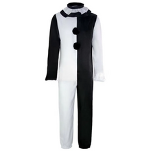Load image into Gallery viewer, Black and white clown costume with pom-pom details on a white background
