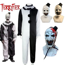 Load image into Gallery viewer, Horror clown costume and masks with 'Terrifier' branding on a white background