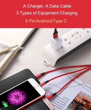 Load image into Gallery viewer, StitchGreen Nylon braided 10ft 3 in 1 usb 3.0 charger cable micro usb 8pin type C fast charging data cable for mobile phone