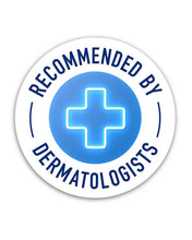 Load image into Gallery viewer, Circular badge with 'Recommended by Dermatologists' text and a blue cross symbol on a white background