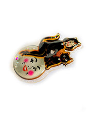 Load image into Gallery viewer, Retro Halloween Cat &amp; Crescent Moon Statement Brooch
