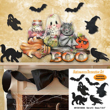 Load image into Gallery viewer, Halloween-themed decorative set with pumpkins, cats, and decorative letters spelling 'BOO' on a beige background.
