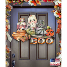 Load image into Gallery viewer, Decorative Halloween door sign with cartoon characters and 'BOO' text on a door.
