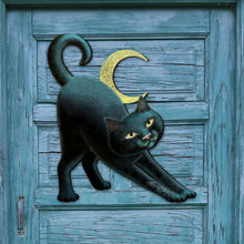 Load image into Gallery viewer, Black cat with a yellow crescent moon on a wooden door
