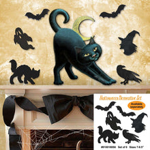 Load image into Gallery viewer, Halloween decorative set with black cat, bats, and ghosts on a textured wall.
