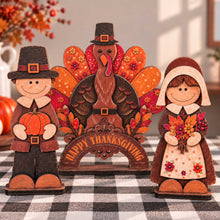 Load image into Gallery viewer, Thanksgiving Wooden Tabletop Decor Set of 3 - Pilgrims &amp; Turkey
