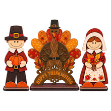 Load image into Gallery viewer, Thanksgiving Wooden Tabletop Decor Set of 3 - Pilgrims &amp; Turkey
