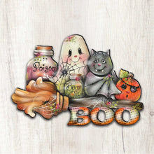 Load image into Gallery viewer, Halloween-themed decorative sign with ghost, cat, and pumpkins on a wooden background.
