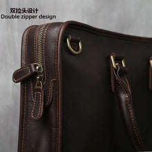 Load image into Gallery viewer, Brown leather briefcase with double zipper design on a gray background
