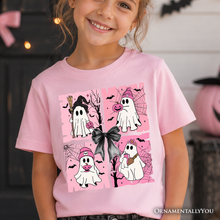 Load image into Gallery viewer, Kids Pink Halloween Ghost T-Shirt, Coquette Spooky Season Tee for Youth

