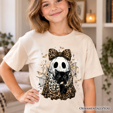 Load image into Gallery viewer, Kids Leopard Bow Ghost with Black Cat T-Shirt, Spooky Halloween Spider Web Youth Tee
