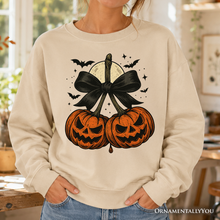 Load image into Gallery viewer, Pumpkin Cherries Coquette Bow Sweatshirt, Retro Halloween Fall Season Sweater for Sweet Autumn Girls

