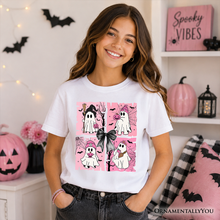Load image into Gallery viewer, Kids Pink Halloween Ghost T-Shirt, Coquette Spooky Season Tee for Youth
