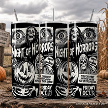 Load image into Gallery viewer, Night of Horrors Retro Halloween 20oz Personalized Tumbler With Lid and Stainless Steel Straw, Vintage Spooky Poster Gift Cup
