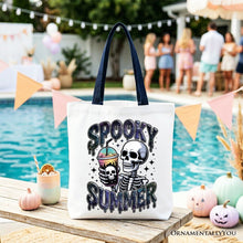 Load image into Gallery viewer, Spooky Summer Skeleton Tote Bag, Snarky Halloween Gift Shopper for Coffee and Horror Fanatics
