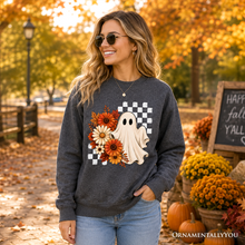 Load image into Gallery viewer, Checkered Floral Ghost Sweatshirt, Vintage Fall Halloween Daisy Sweater
