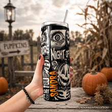 Load image into Gallery viewer, Night of Horrors Retro Halloween 20oz Personalized Tumbler With Lid and Stainless Steel Straw, Vintage Spooky Poster Gift Cup
